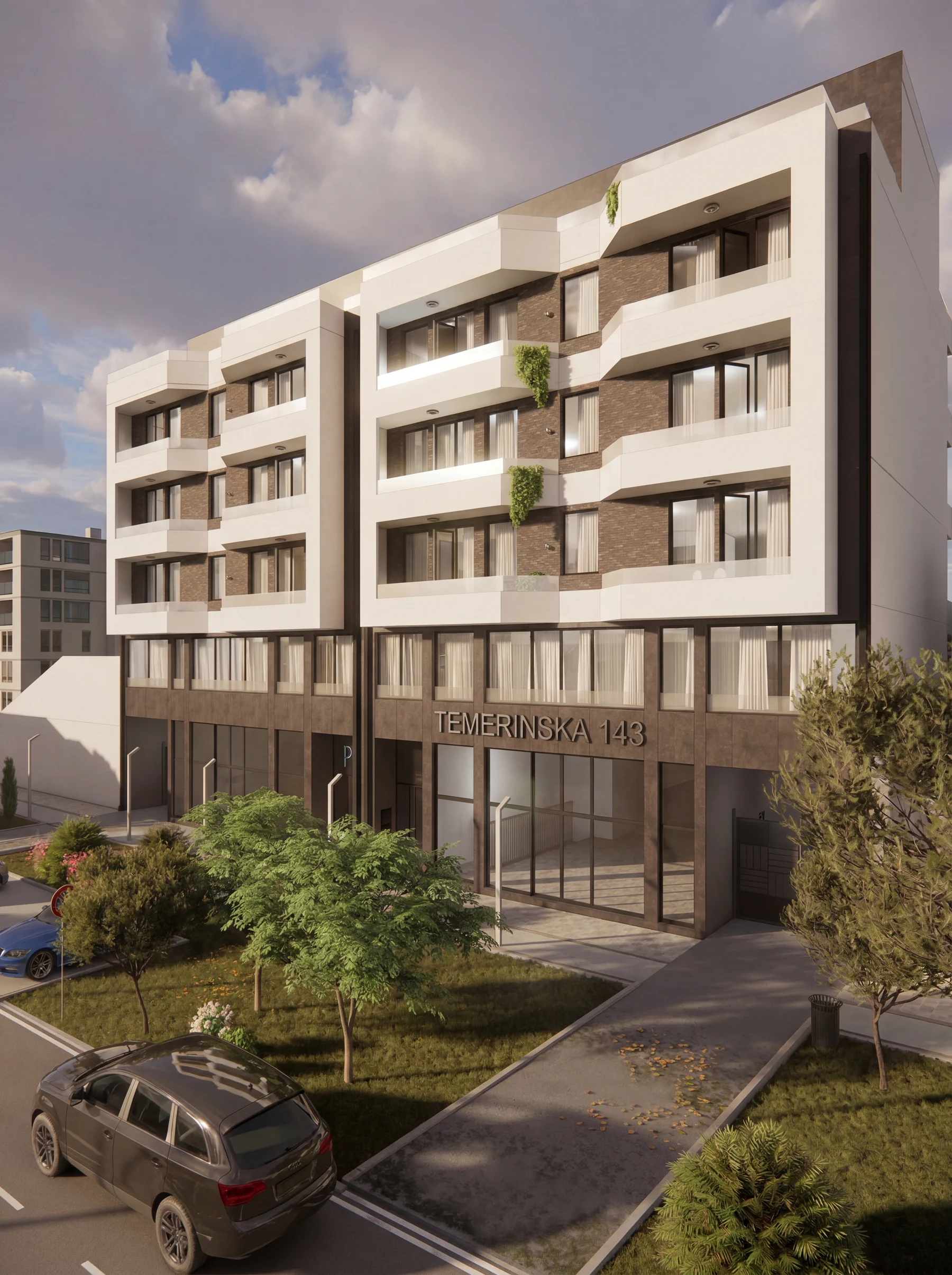 Pogled iz ugla na fasadu projekta Temerinska 143